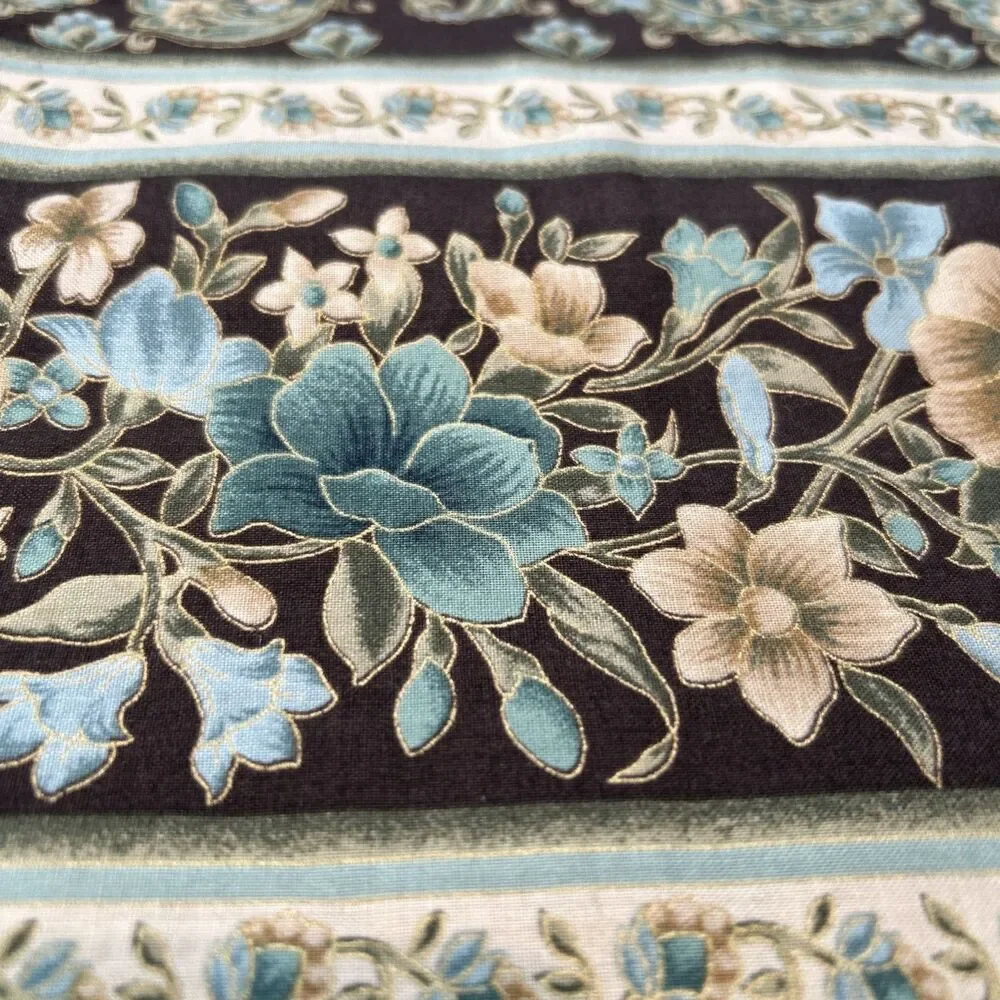 Cotton Quilting Fabric Traditions Brown Blue Paisley Floral Gold Outline 37 X 40